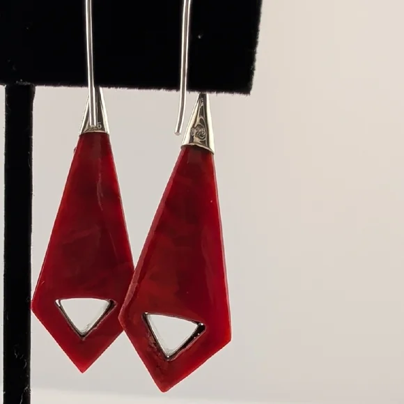 Coral And Sterling Silver Filigree Dangle Drop Earrings - Picture 4 of 6